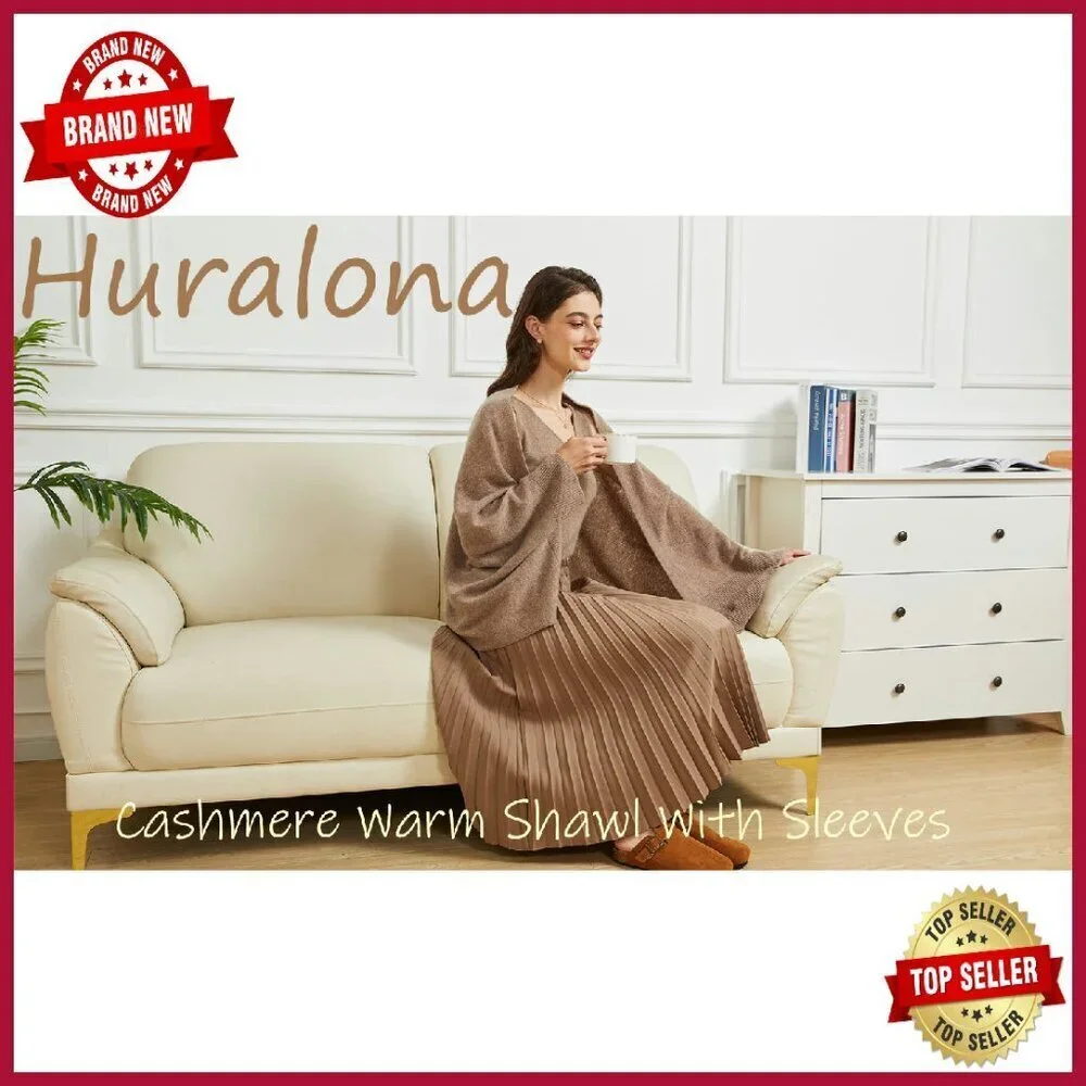 Open Front Cashmere Shawl Wrap with Sleeves Knitted Poncho Cape